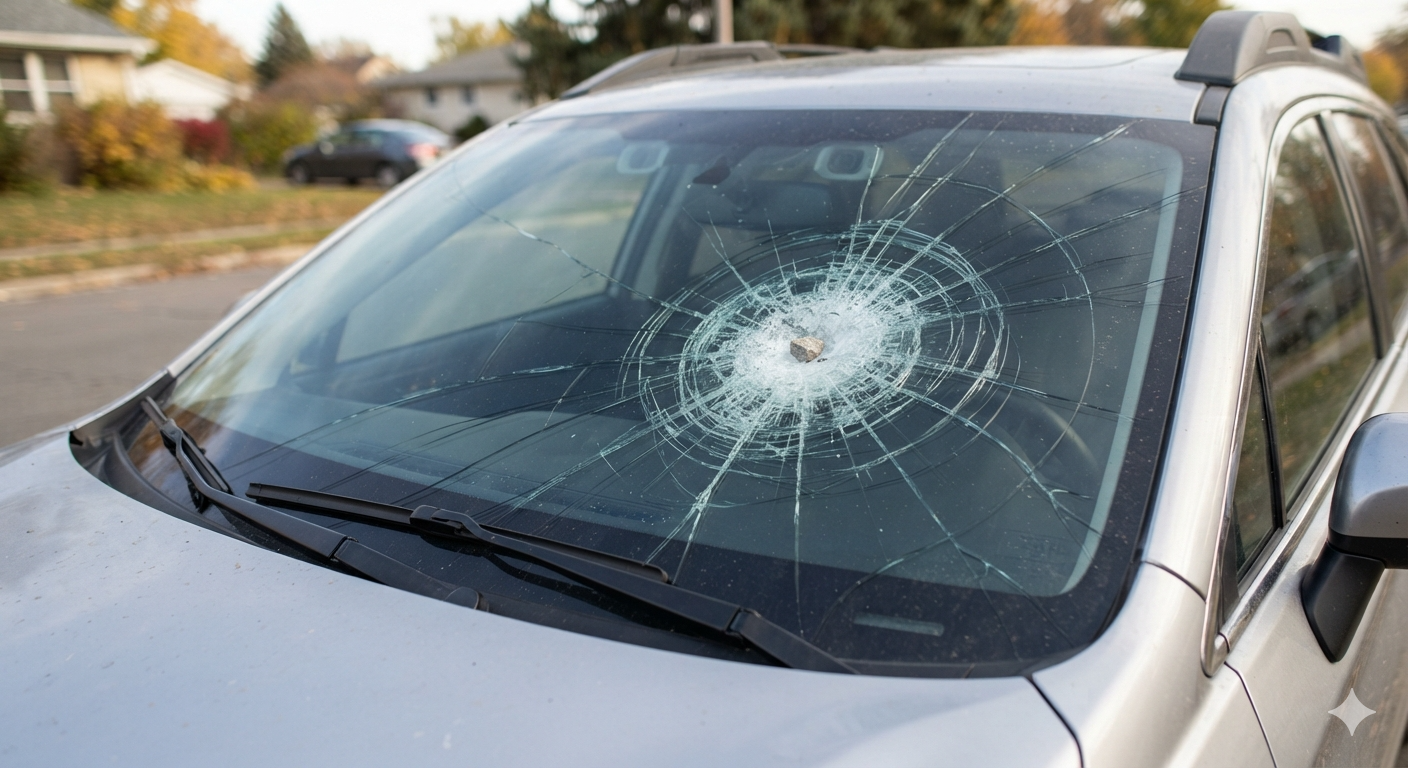Cracked windshield damage from rock impact