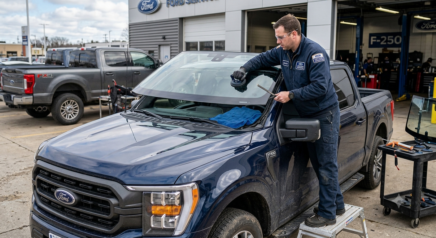 Ford F-150 windshield replacement in progress