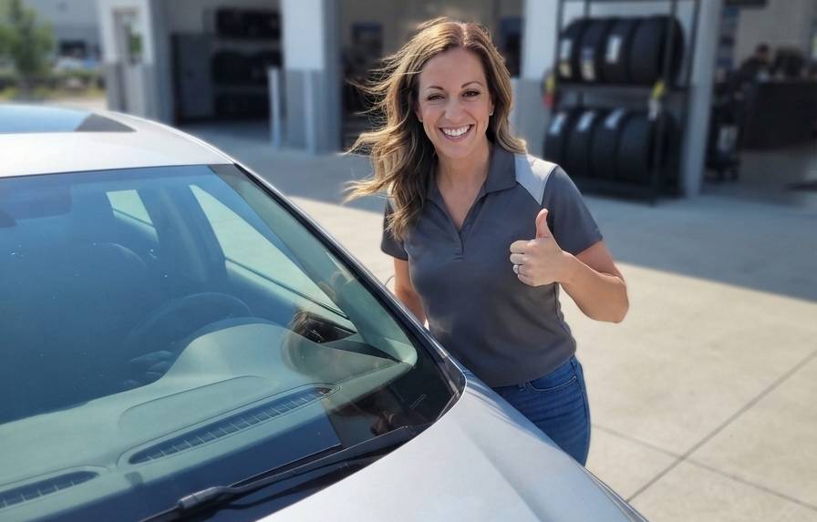 Happy customer with new windshield installed